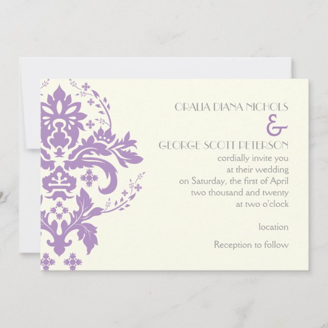 Elegant damask lavender, grey, ivory wedding invitation (Front)