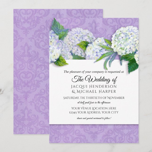 Elegant Damask Lavender n White Hydrangea Floral Invitation (Front/Back)