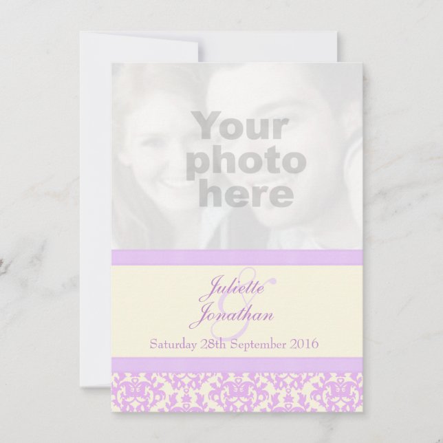 Elegant damask lilac & cream wedding invitation (Front)