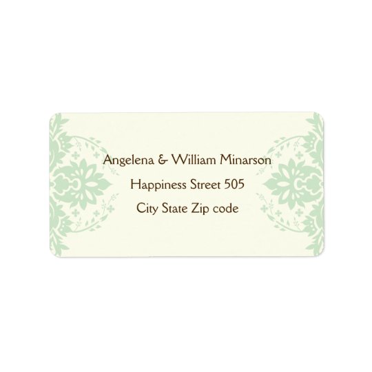 Elegant damask mint green, brown, ivory wedding address label