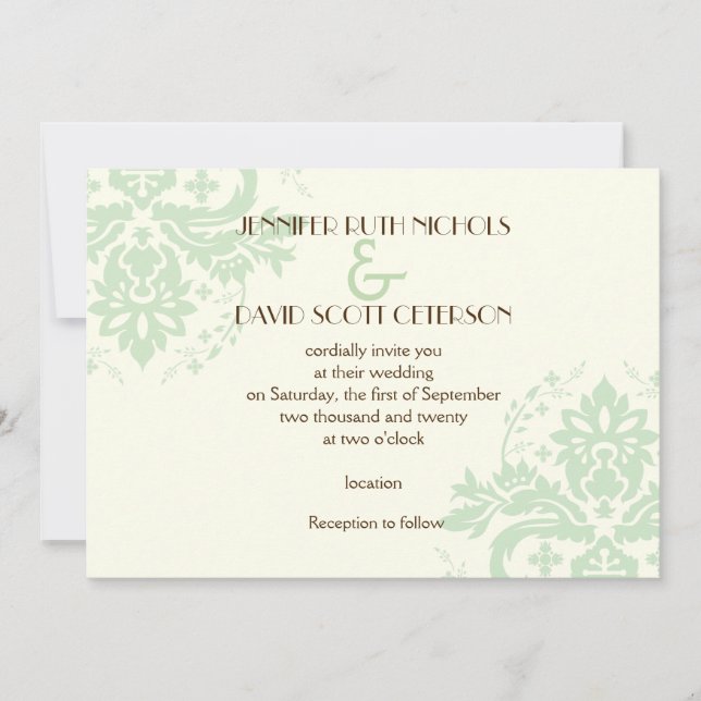 Elegant damask mint green, ivory wedding invitation (Front)