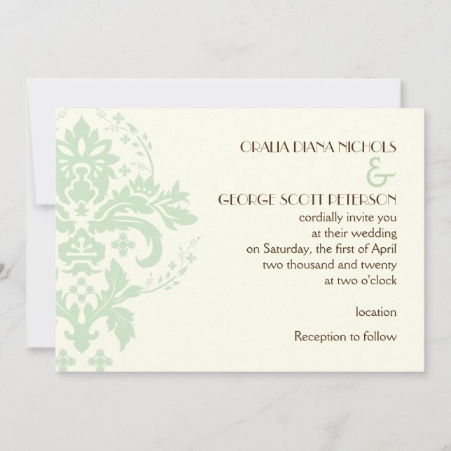 Elegant damask mint green, ivory wedding invitation (Front)