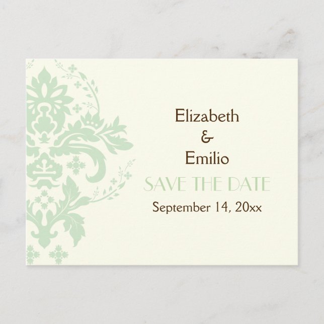 Elegant damask mint ivory wedding Save the Date Announcement Postcard (Front)