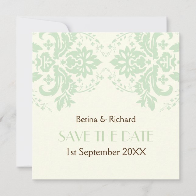Elegant damask mint ivory wedding Save the Date Invitation (Front)