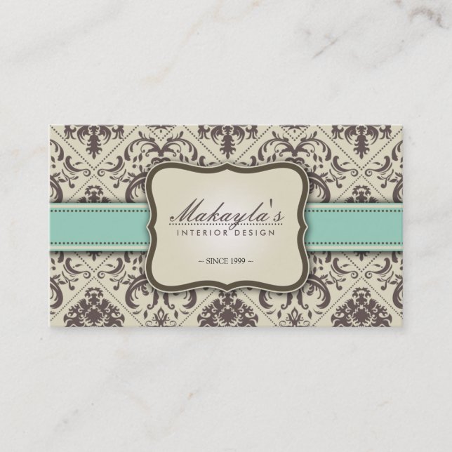 Elegant Damask Modern Brown, Green and Beige Business Card (Front)