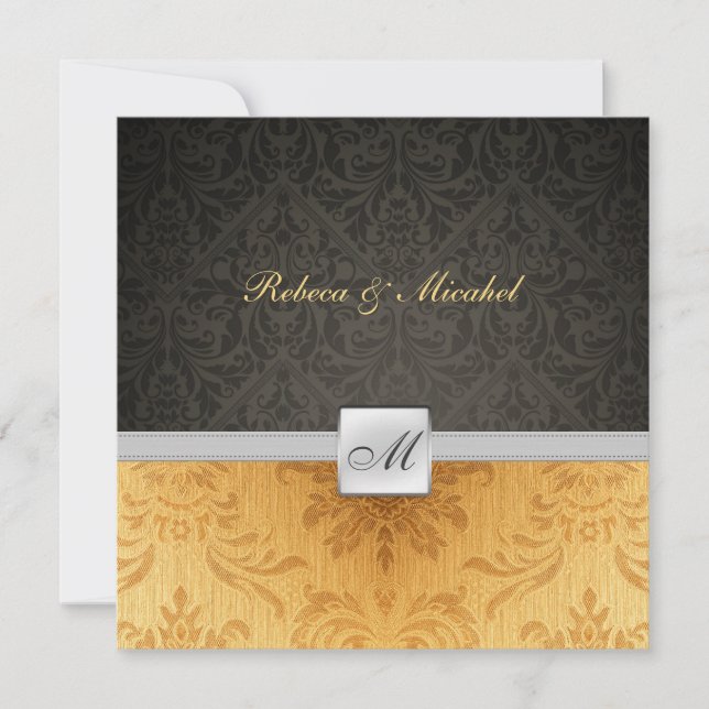 Elegant Damask Monogram black and gold Wedding Invitation (Front)