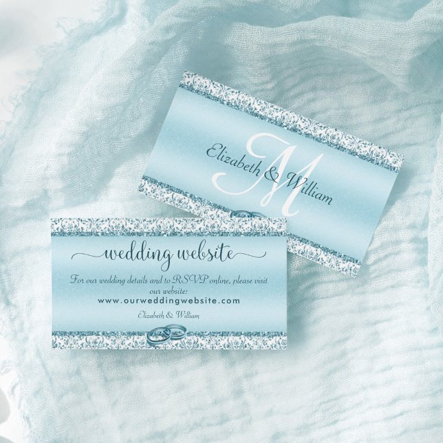Elegant Damask Monogram Blue Wedding Website Enclosure Card (Creator Uploaded)
