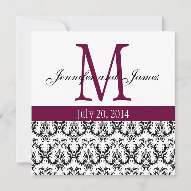 Elegant Damask Monogram Wedding Invitation Wine (Front)