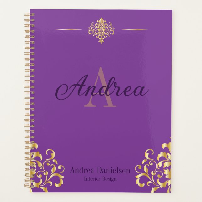 Elegant Damask Monogrammed Gold and Purple Office Planner (Front)