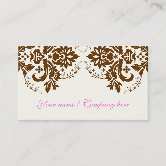 Elegant damask motif brown ivory business car business card (Front)
