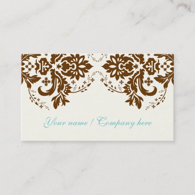 Elegant damask motif brown ivory business car business card (Front)