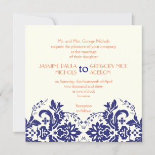 Elegant damask motif navy blue, coral wedding invitation