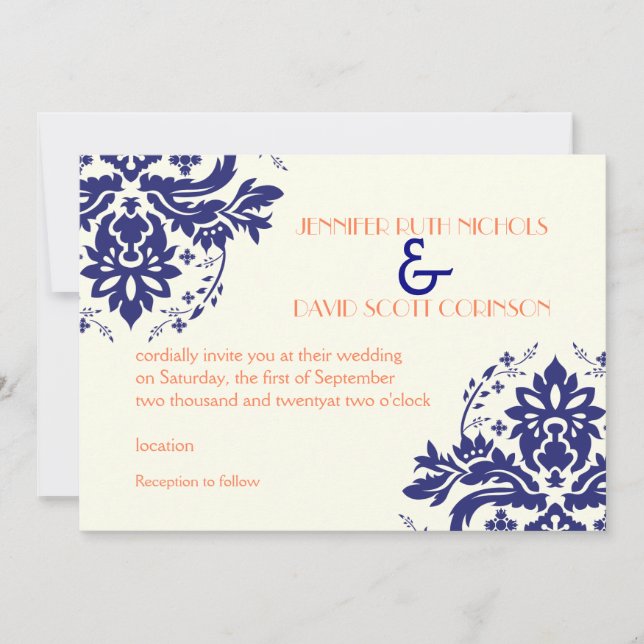 Elegant damask motif navy blue, coral wedding invitation (Front)