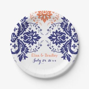 Elegant damask motif navy blue, coral wedding paper plate