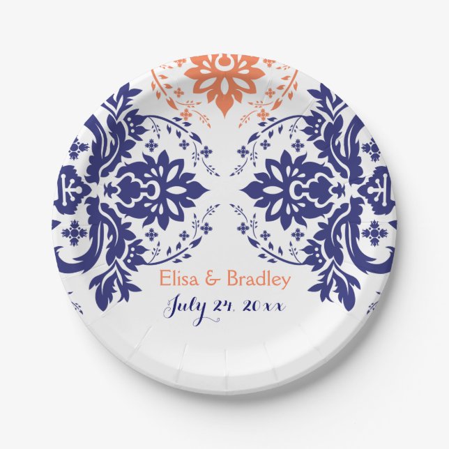 Elegant damask motif navy blue, coral wedding paper plate (Front)