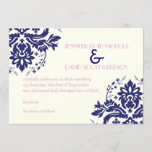 Elegant damask motif navy blue, pink wedding invitation