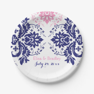 Elegant damask motif navy blue, pink wedding paper plate