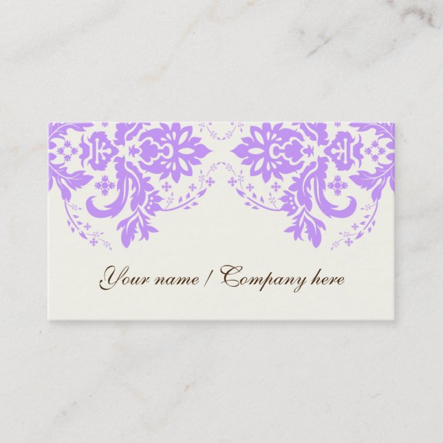 Elegant damask motif purple ivory business card (Front)