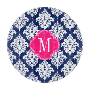 Elegant Damask Navy & Pink Custom Monogrammed Cutting Board