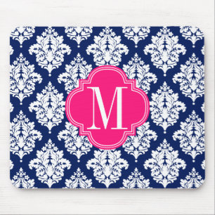 Elegant Damask Navy & Pink Custom Monogrammed Mouse Mat