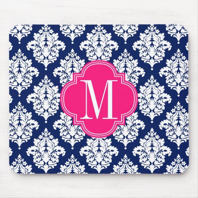Elegant Damask Navy & Pink Custom Monogrammed Mouse Mat (Front)