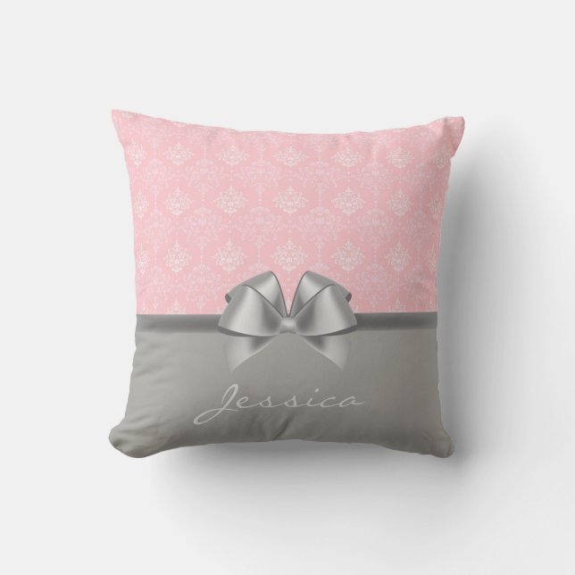 Elegant Damask Pattern Pink and Grey Personalised Cushion (Front)