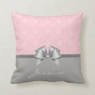 Elegant Damask Pattern Pink and Grey Personalised Cushion