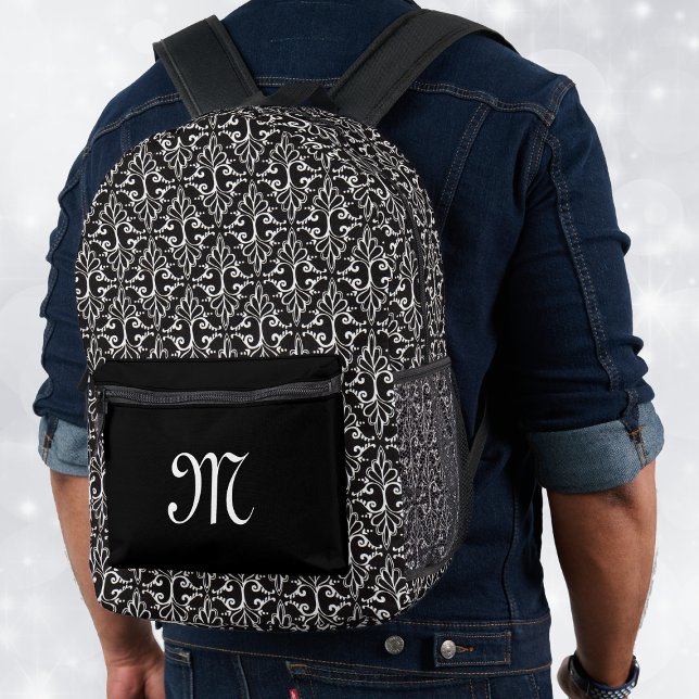 Elegant Damask Pattern White Scrolls on black Printed Backpack (Classic damask pattern on a packback done in black and white with personalized front black pocket.)