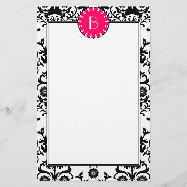 Elegant Damask Pattern with Monogram Stationery (Front)