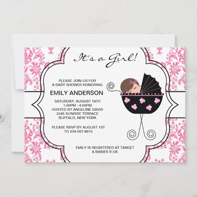 Elegant Damask Pink Black Baby Girl Shower Invitation (Front)