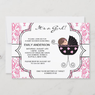 Elegant Damask Pink Black Baby Girl Shower Invitation