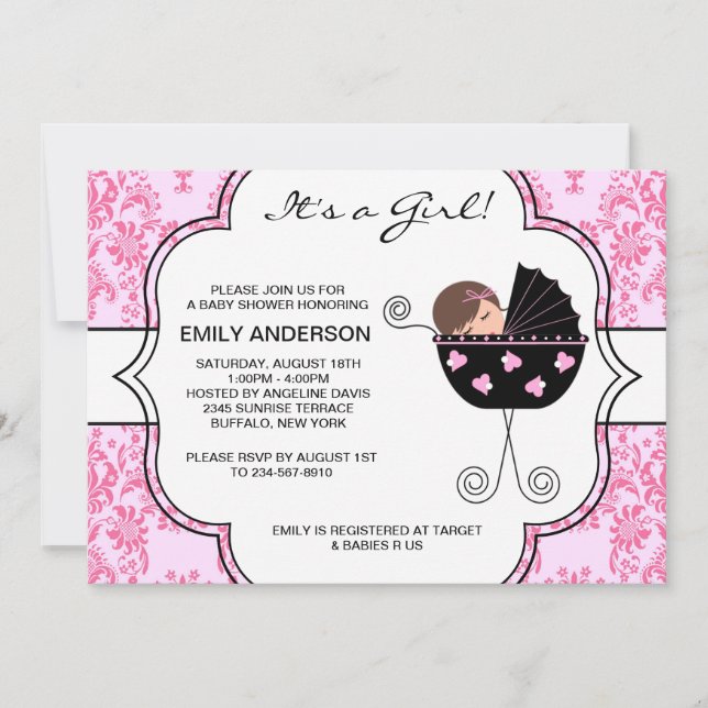 Elegant Damask Pink Black Baby Girl Shower Invitation (Front)