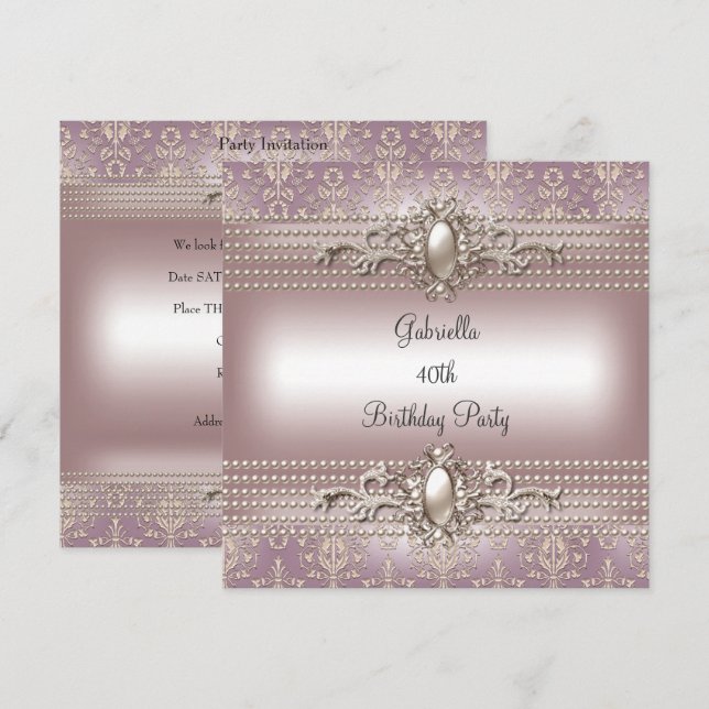 Elegant Damask Pink Cream Pearl Birthday Party Invitation (Front/Back)