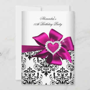 Elegant Damask Pink Heart Jewel Birthday Invitation