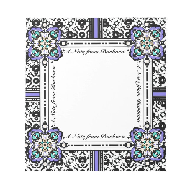 Elegant Damask Purple and Aqua Custom Name Notepad (Front)
