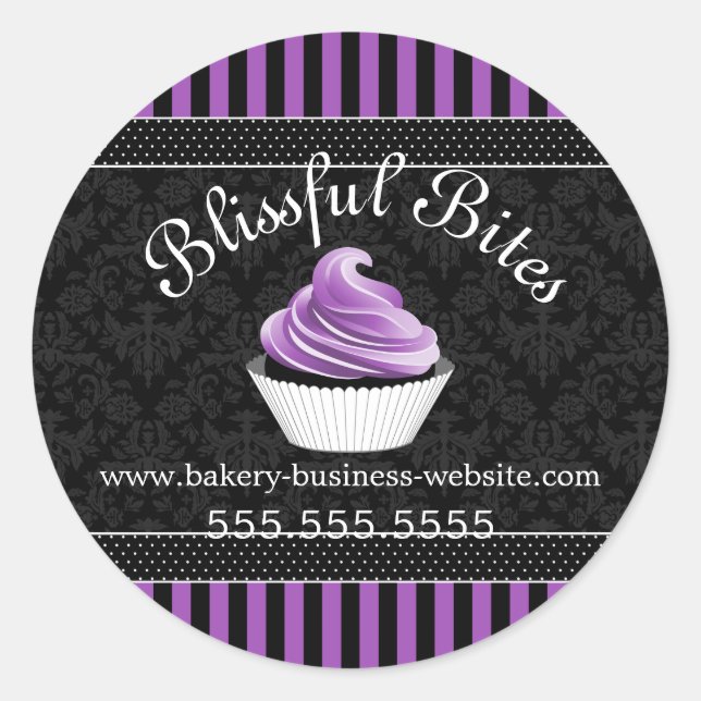 Elegant Damask Purple Cupcake Bakery Box Seals (Front)