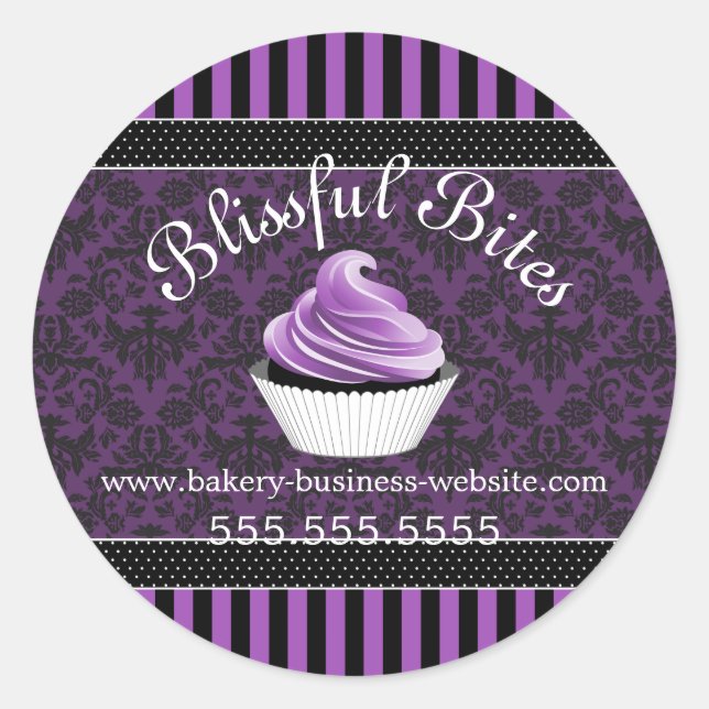 Elegant Damask Purple Cupcake Bakery Box Seals (Front)