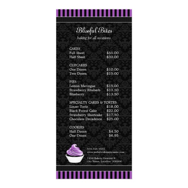 Elegant Damask Purple Cupcake Bakery Price List Rack Card (Front)