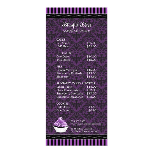 Elegant Damask Purple Cupcake Bakery Price Rack Card (Front)