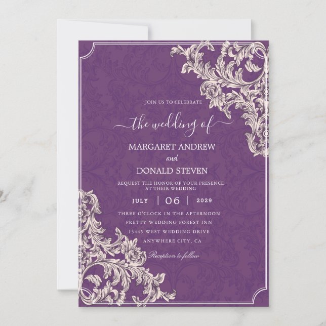 Elegant damask purple wedding invitations (Front)