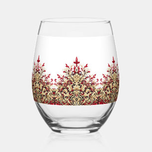 Elegant Damask Red and Gold Pattern Stemless Wine Glass