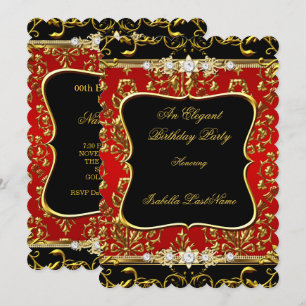 Elegant Damask Red Black Gold Birthday Party Invitation