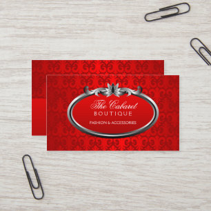 Elegant Damask Red Silver Shimmer Business Card