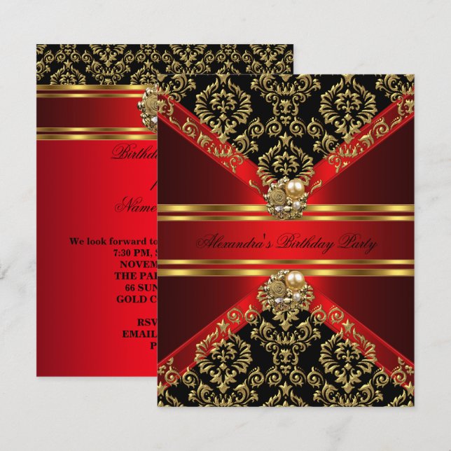 Elegant Damask Regal Red Gold Black Birthday Invitation (Front/Back)