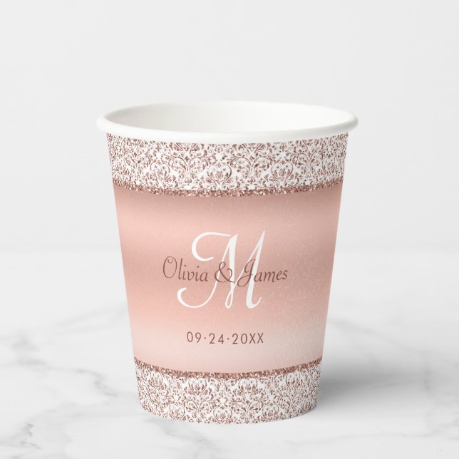 Elegant Damask Rose Gold Monogram Wedding Paper Cups (Front)