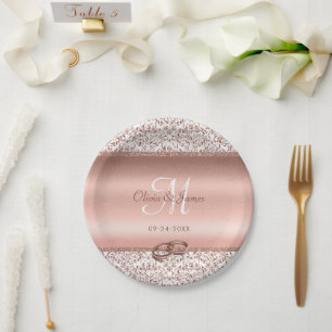 Elegant Damask Rose Gold Monogram Wedding Paper Plate