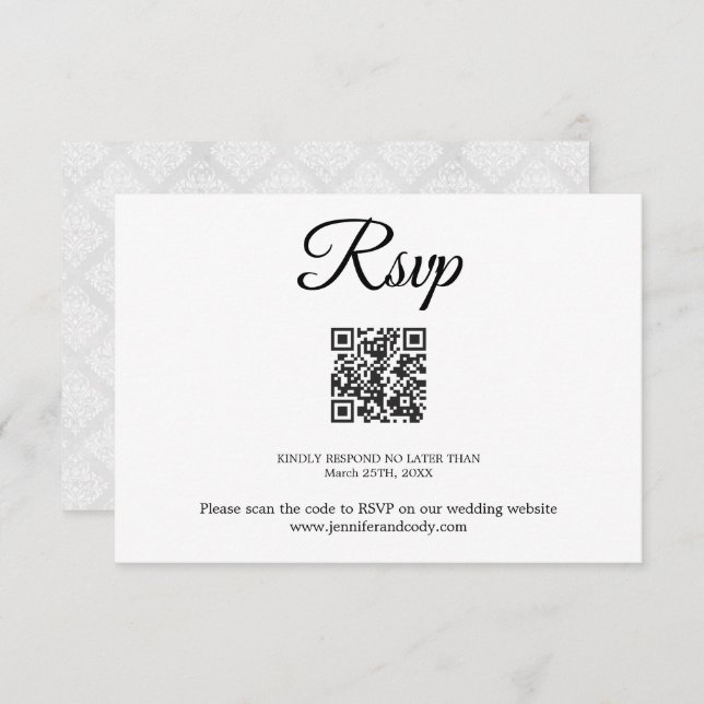 Elegant Damask RSVP QR Code Wedding Card (Front/Back)