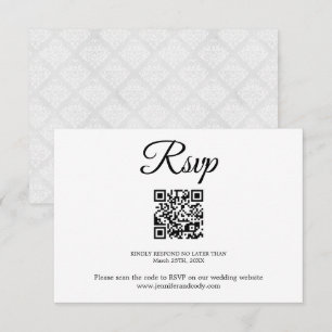 Elegant Damask RSVP QR Code Wedding Card
