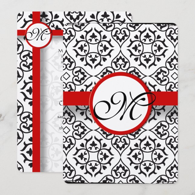 Elegant Damask Side Borders Red Trim Wedding Invitation (Front/Back)