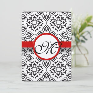 Elegant Damask Side Borders Red Trim Wedding Invitation